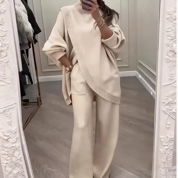 ¡Nueva llegada! Conjunto de dos piezas para mujer: jersey asimétrico + pantalones anchos. Corte holgado, tejido suave y ultra cómodo 👚 Envío gratis ✨