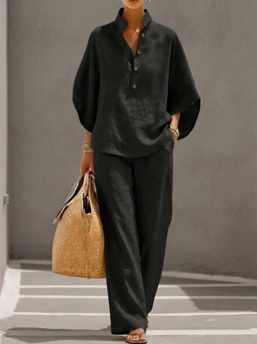 【S-5XL】 Nueva llegada a precio especial: Traje de lino con mangas murciélago y pantalón de pierna ancha