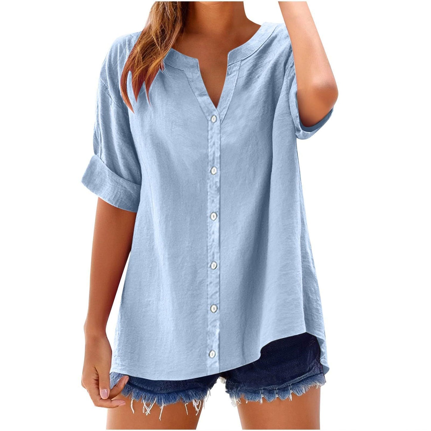 【S-2XL】Camisa de lino nueva 2026 - Camisa abotonada con cuello en V, corte holgado informal