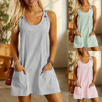 ✨【S-3XL】🎉Nuevo vestido casual con tirantes 2026, diseño de botones y bolsillo a rayas.