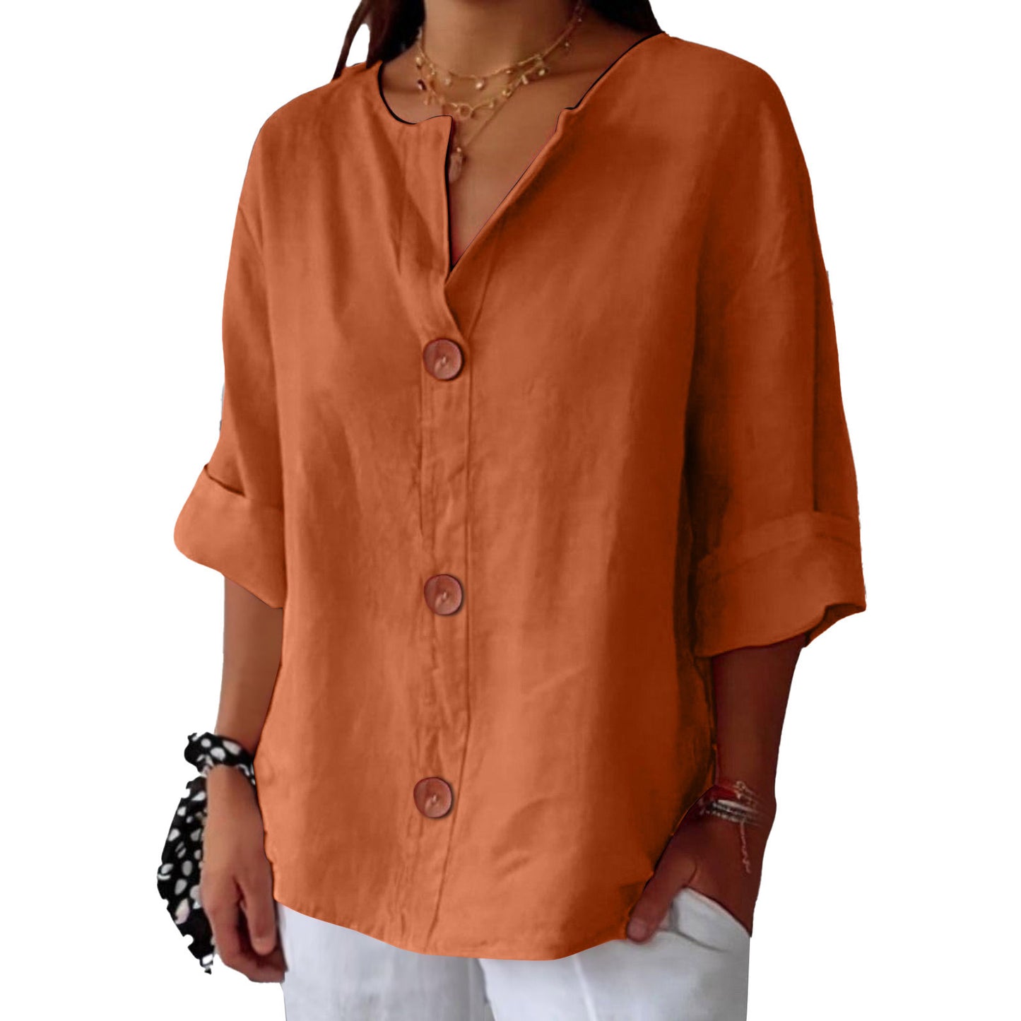 🔥【Zniżka ograniczona czasowo】【S-5XL】🔥Nowość na wiosnę/lato 2026: Luźny t-shirt — Damski top z bawełny i lnu z dekoltem w serek