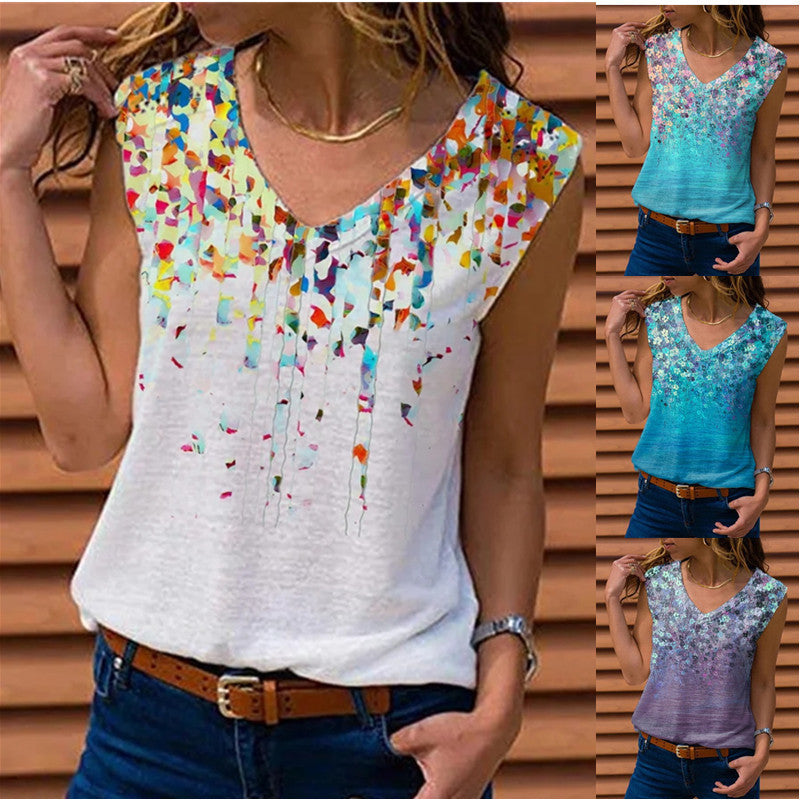 [S-5XL] Camiseta estampada de algodón puro para mujer - Chaleco de cuello en V a la moda