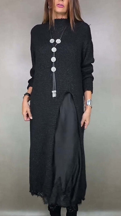 [XS-3XL] Nowa zimowa dzianinowa sukienka, długie rozcięcie z boku, stylowy i elegancki komplet dwuczęściowy.
