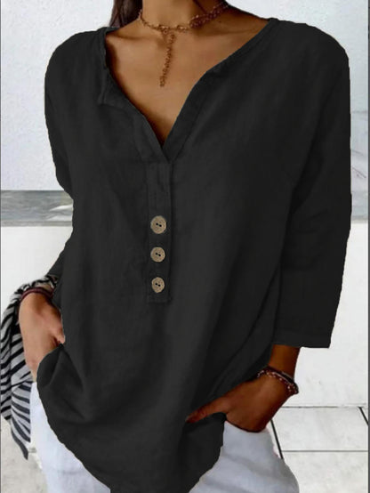 [S-3XL] Nueva camisa casual de cuello en V de color liso con botones para mujer