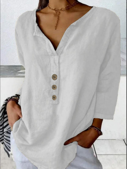 [S-3XL] Nueva camisa casual de cuello en V de color liso con botones para mujer