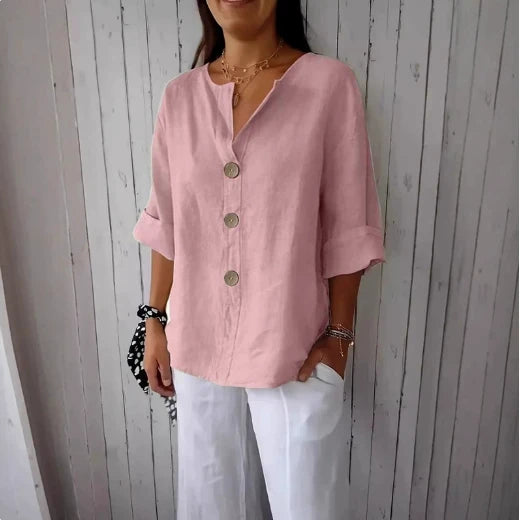 [S-5XL] Blusa de algodón y lino para mujer - Camisa abotonada con cuello en V, corte holgado