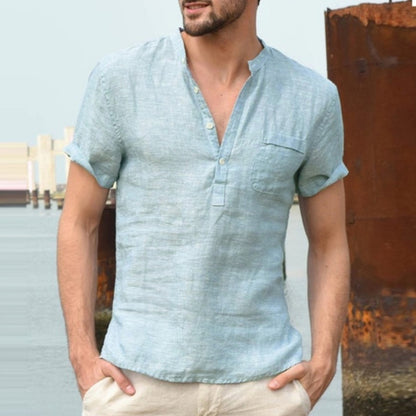 [50% de descuento] Nueva camisa de manga corta para hombre - Camisa de manga corta de algodón y lino con cuello en V