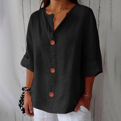 [S-5XL] Blusa de algodón y lino para mujer - Camisa abotonada con cuello en V, corte holgado