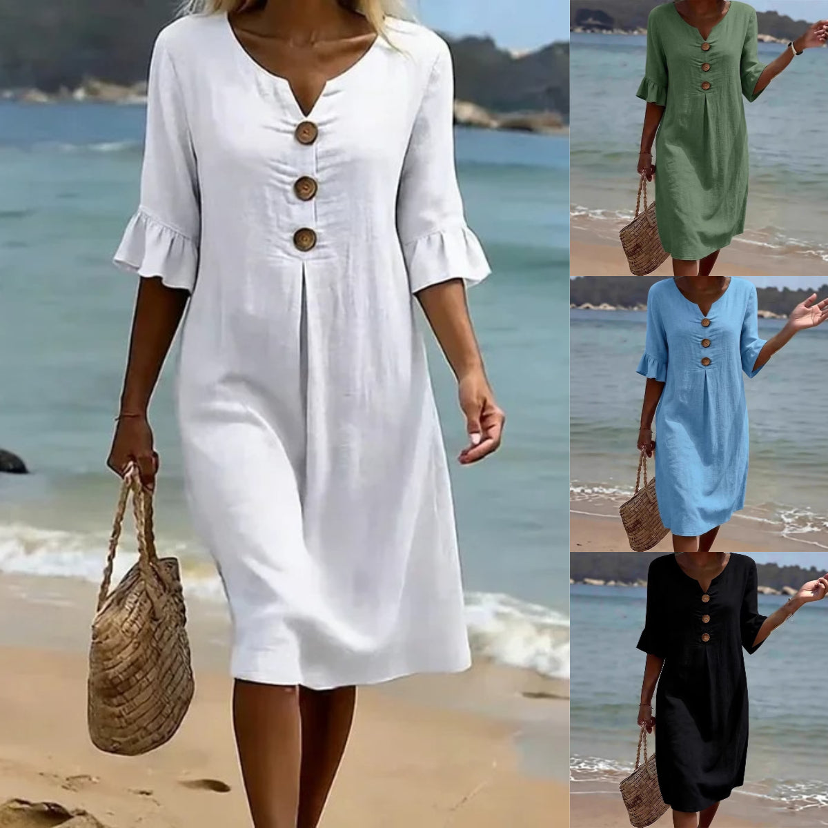 【S-3XL】Vestido de mujer de algodón y lino con mangas abullonadas y botones