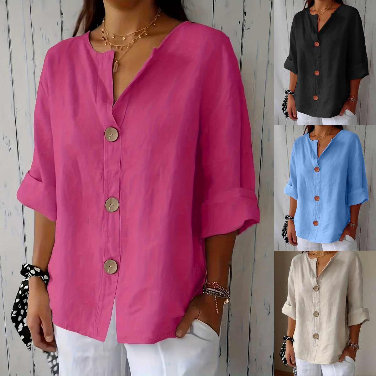 [S-5XL] Blusa de algodón y lino para mujer - Camisa abotonada con cuello en V, corte holgado
