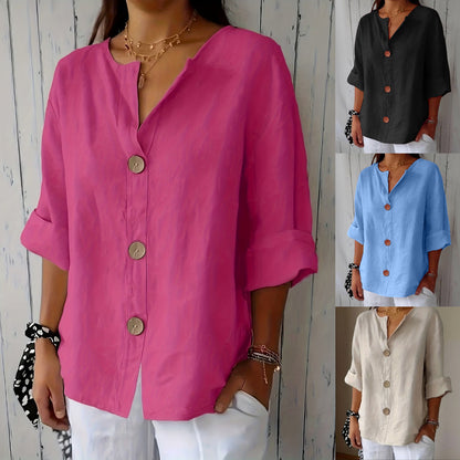 [S-5XL] Blusa de algodón y lino para mujer - Camisa abotonada con cuello en V, corte holgado