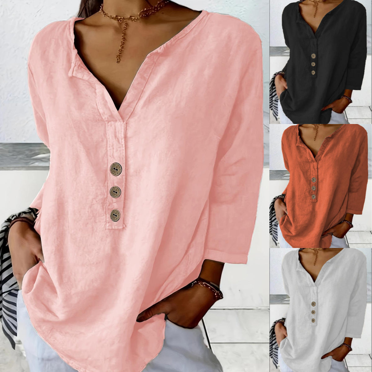 [S-3XL] Nueva camisa casual de cuello en V de color liso con botones para mujer
