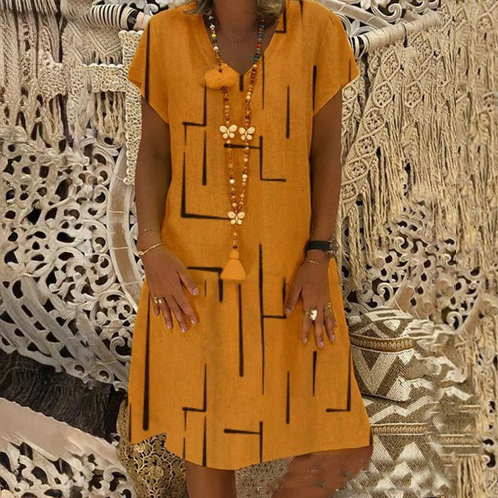 🔥Hit Sprzedaży 【Rabat 50%】👗【S–5XL】Nowa sukienka z bawełny i lnu z dekoltem w serek i nadrukiem