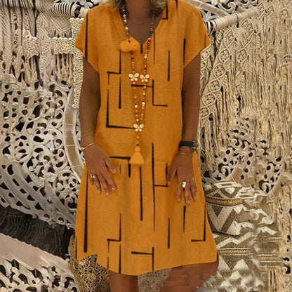 🔥Hit Sprzedaży 【Rabat 50%】👗【S–5XL】Nowa sukienka z bawełny i lnu z dekoltem w serek i nadrukiem