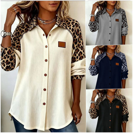 💖【50% de descuento】【S-3XL】Nueva camisa elegante de otoño/invierno con estampado de leopardo y cuello: suave y cómoda, con botones