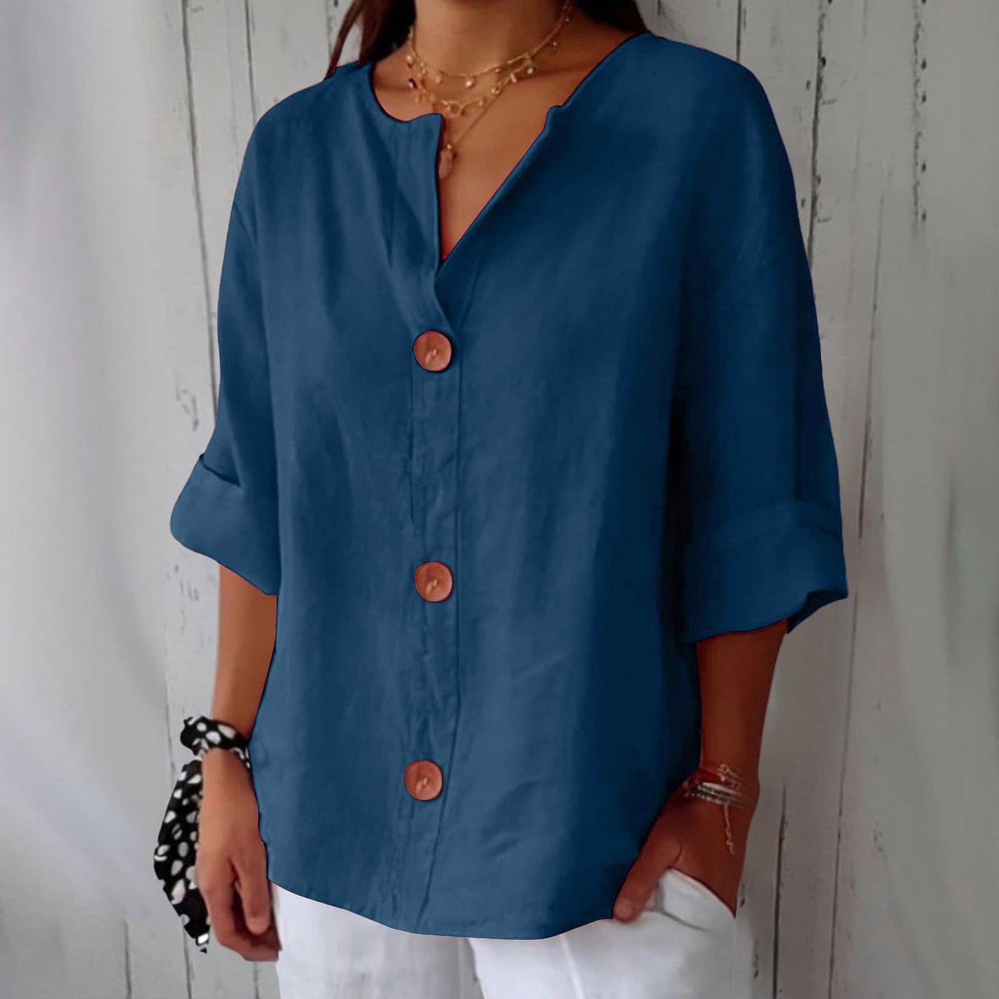 [S-5XL] Blusa de algodón y lino para mujer - Camisa abotonada con cuello en V, corte holgado