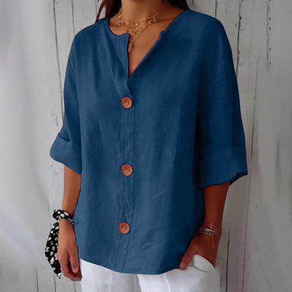 [S-5XL] Blusa de algodón y lino para mujer - Camisa abotonada con cuello en V, corte holgado