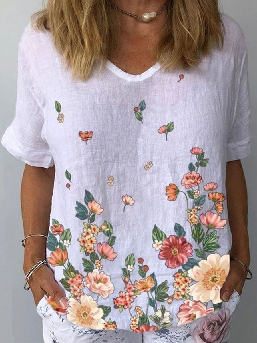 【S-5XL】🌈 Bavlnené a ľanové tričko s krátkym rukávom s kvetinovou potlačou💐