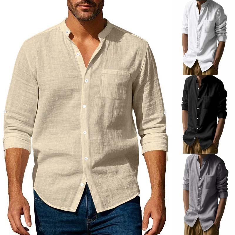 【45-100kg】Camisa nueva de algodón puro para hombre: manga larga, bolsillos, transpirable y de estilo casual.