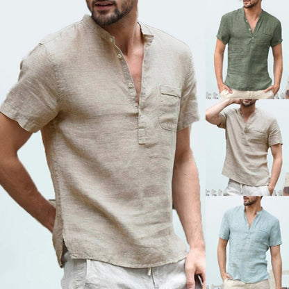 [50% de descuento] Nueva camisa de manga corta para hombre - Camisa de manga corta de algodón y lino con cuello en V
