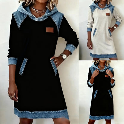 🔥⛄【50% popusta✨】🌷🌞 Nova zimska traper haljina s kapuljačom u patchwork stilu