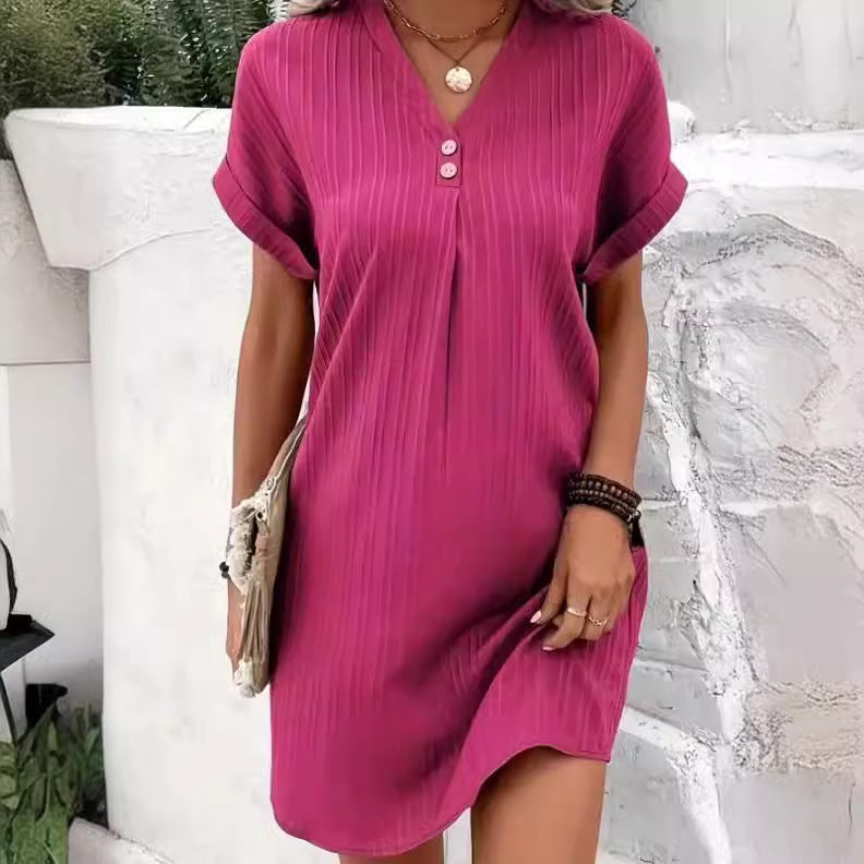 [50% de descuento] Nuevo vestido casual con cuello en V y botones, el más vendido - Color liso, sencillo y elegante
