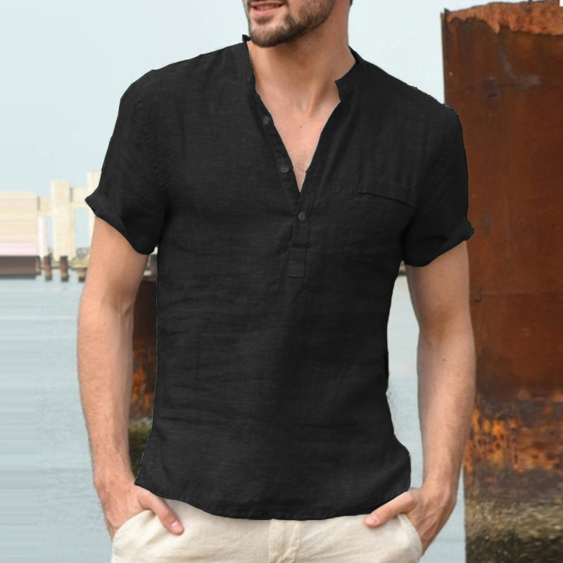 [50% de descuento] Nueva camisa de manga corta para hombre - Camisa de manga corta de algodón y lino con cuello en V