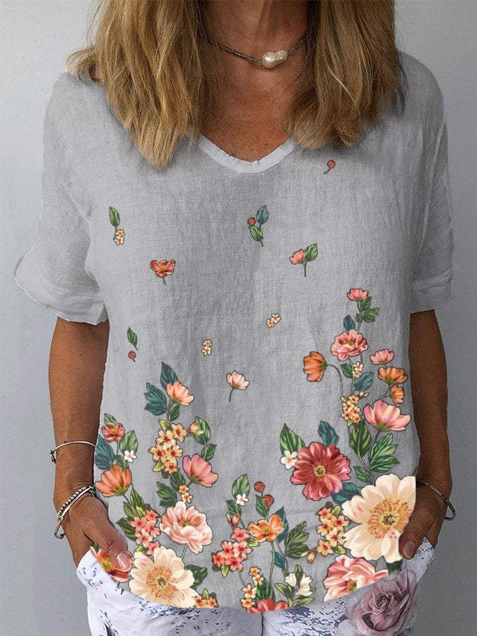 【S-5XL】🌈 Bavlnené a ľanové tričko s krátkym rukávom s kvetinovou potlačou💐  3706947