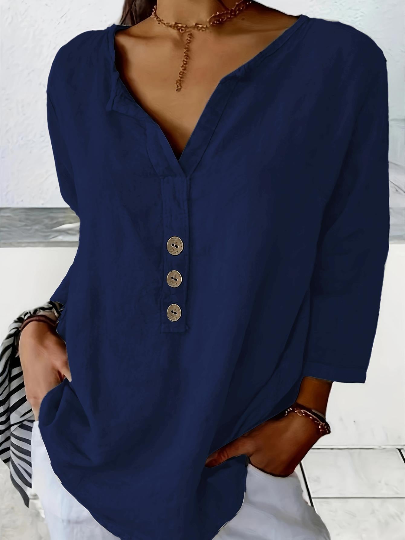 [S-3XL] Nueva camisa casual de cuello en V de color liso con botones para mujer