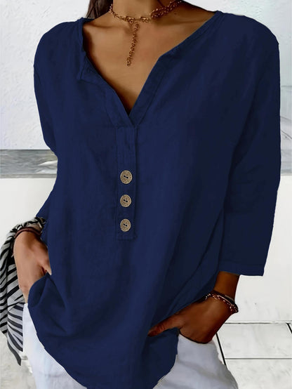 [S-3XL] Nueva camisa casual de cuello en V de color liso con botones para mujer