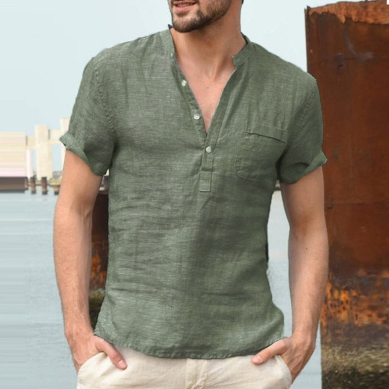 [50% de descuento] Nueva camisa de manga corta para hombre - Camisa de manga corta de algodón y lino con cuello en V