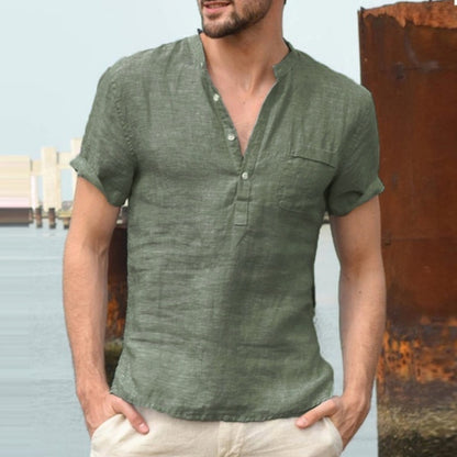 [50% de descuento] Nueva camisa de manga corta para hombre - Camisa de manga corta de algodón y lino con cuello en V