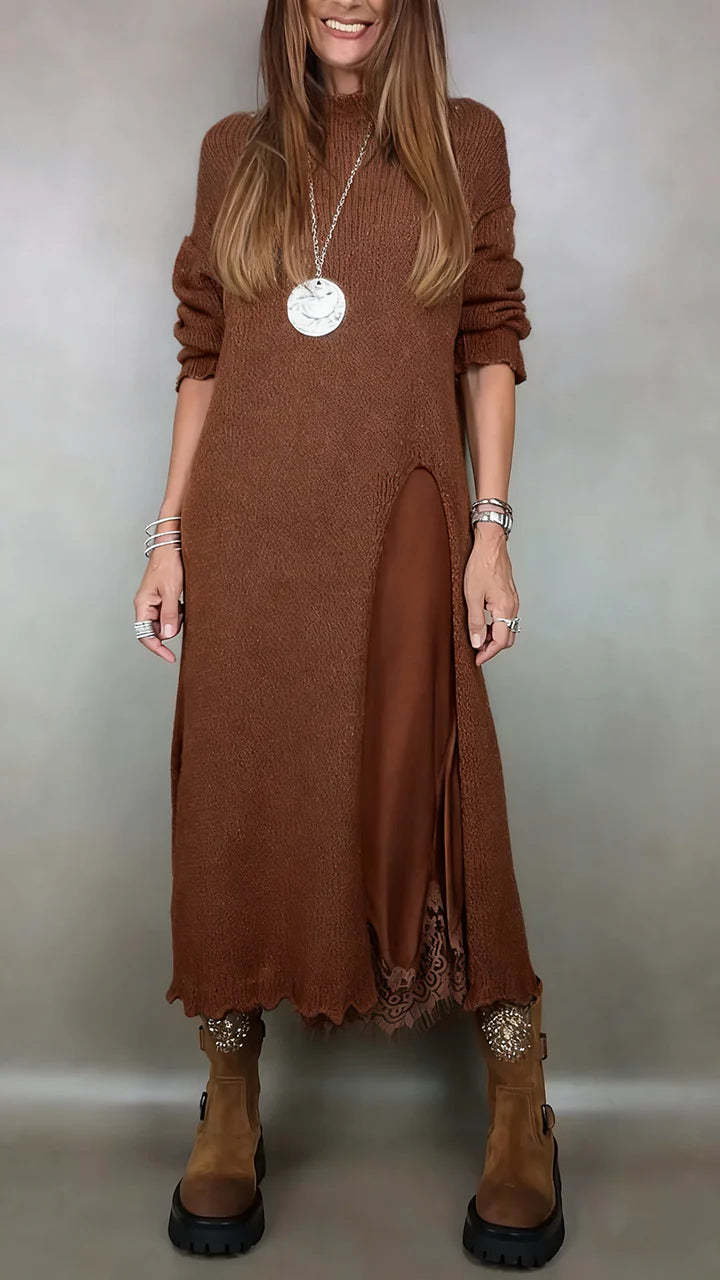 👗【XS–3XL】Nový dvojdielny čipkovaný komplet s rozparkom a pleteným pulóvrom – elegantný jesenný a zimný outfit