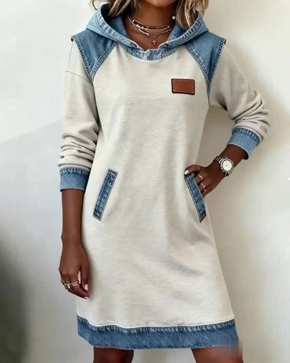 🔥⛄【Προσφορά✨】🌷🌞 Νέο τζιν φόρεμα με κουκούλα και patchwork, ιδανική επιλογή για τον χειμώνα.