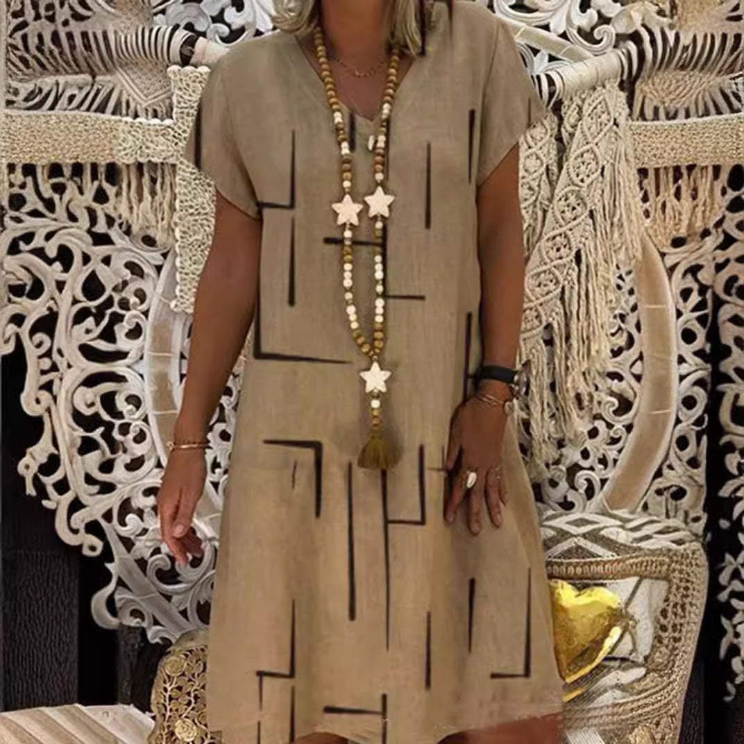 🔥Hit Sprzedaży 【Rabat 50%】👗【S–5XL】Nowa sukienka z bawełny i lnu z dekoltem w serek i nadrukiem