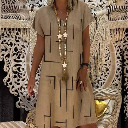 🔥Hit Sprzedaży 【Rabat 50%】👗【S–5XL】Nowa sukienka z bawełny i lnu z dekoltem w serek i nadrukiem