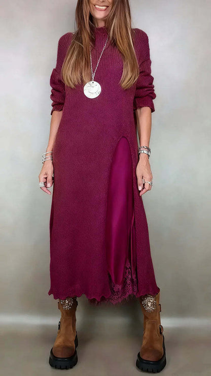 [XS-3XL] Nowa zimowa dzianinowa sukienka, długie rozcięcie z boku, stylowy i elegancki komplet dwuczęściowy.