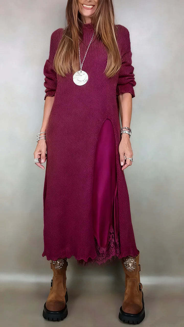 👗【XS–3XL】Nový dvojdielny čipkovaný komplet s rozparkom a pleteným pulóvrom – elegantný jesenný a zimný outfit