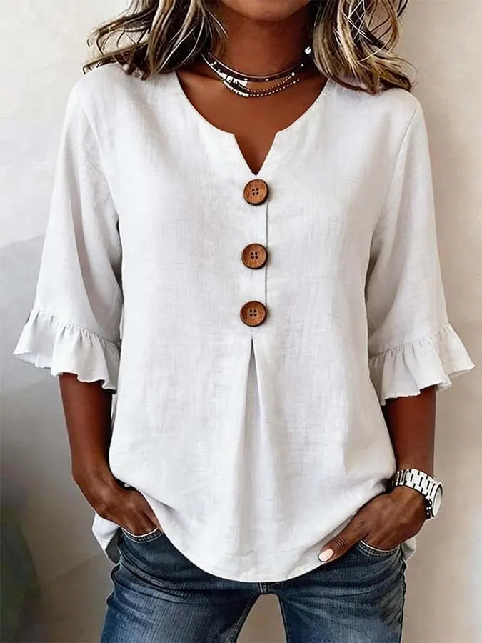 [S-3XL] Nueva camisa de mujer con cuello en V y volantes, mezcla de algodón y lino, con botones: sencilla y elegante.