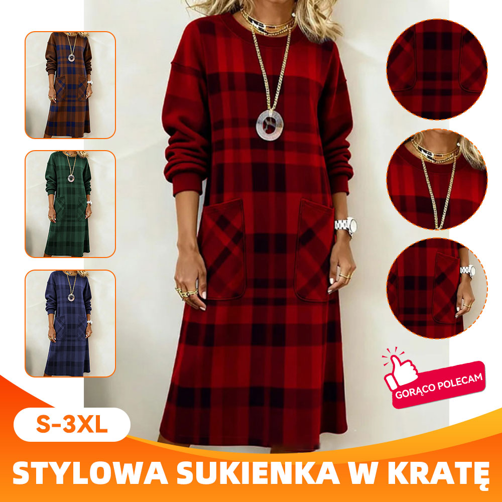 【S-3XL】Dámske kockované šaty s dlhým rukávom na jeseň a zimu