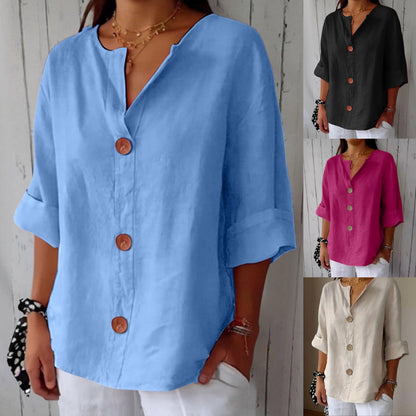 [S-5XL] Blusa de algodón y lino para mujer - Camisa abotonada con cuello en V, corte holgado