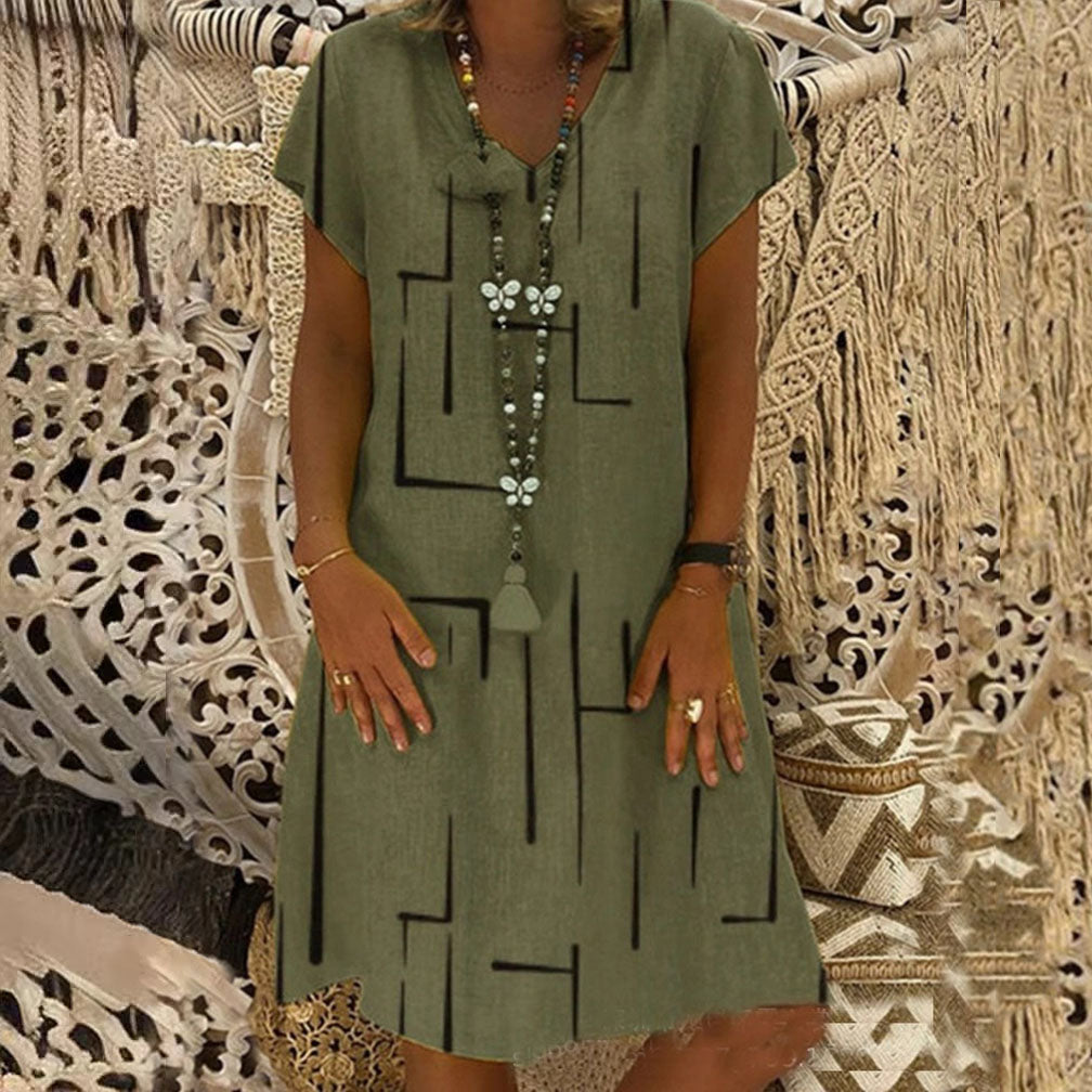 🔥Hit Sprzedaży 【Rabat 50%】👗【S–5XL】Nowa sukienka z bawełny i lnu z dekoltem w serek i nadrukiem