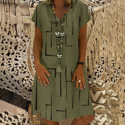 🔥Hit Sprzedaży 【Rabat 50%】👗【S–5XL】Nowa sukienka z bawełny i lnu z dekoltem w serek i nadrukiem