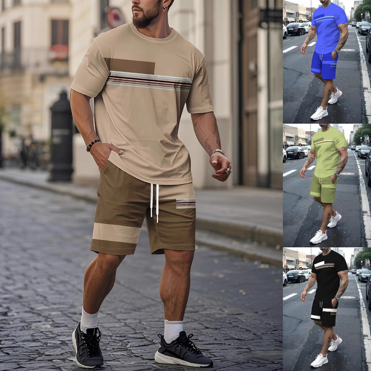 [50% de descuento] Conjunto estampado de moda para hombre: pantalones cortos casuales de playa + camiseta de manga corta