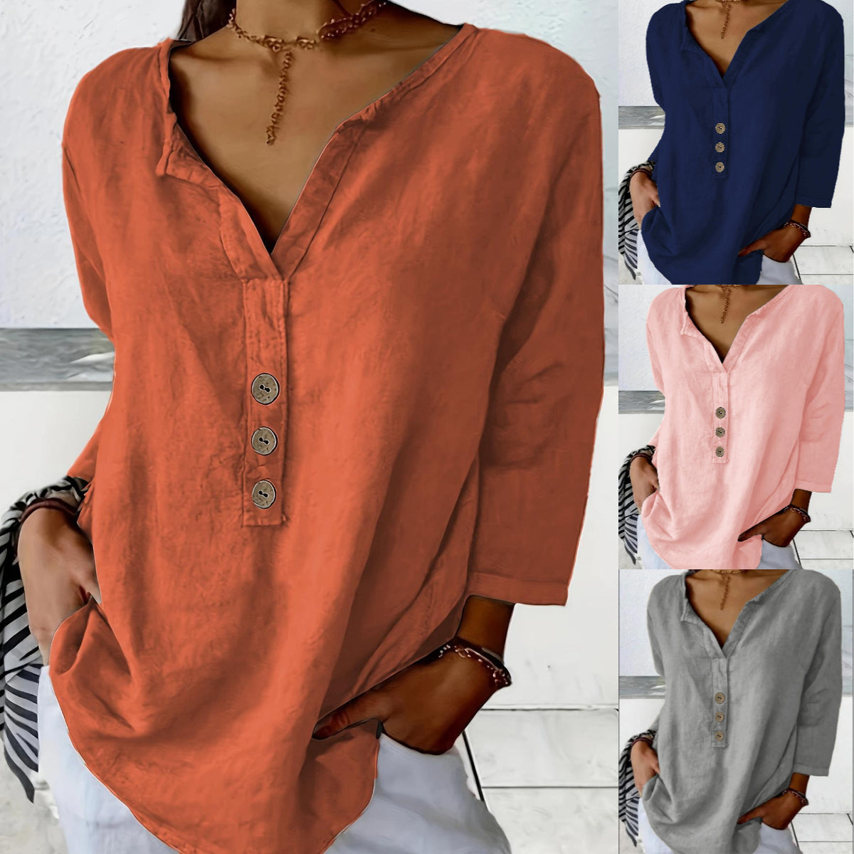 [S-3XL] Nueva camisa casual de cuello en V de color liso con botones para mujer