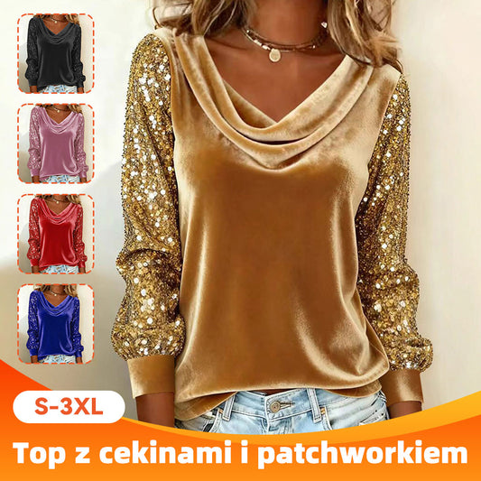 🔥**Damska Modna Bluzka z Weluru, Złożonym Kołnierzykiem, Połączona z Strysami, Długim Rękawem**🔥