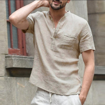 [50% de descuento] Nueva camisa de manga corta para hombre - Camisa de manga corta de algodón y lino con cuello en V