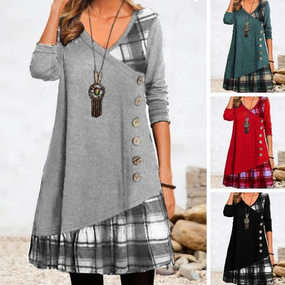 💟【Nowy jesienny dodatek】👗Nowa elegancka sukienka w kratę z dekoltem w serek i długim rękawem 2025