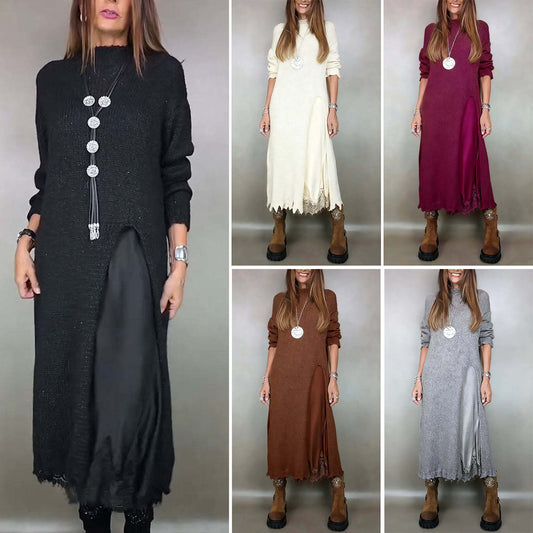 [XS-3XL] Nowa zimowa dzianinowa sukienka, długie rozcięcie z boku, stylowy i elegancki komplet dwuczęściowy.