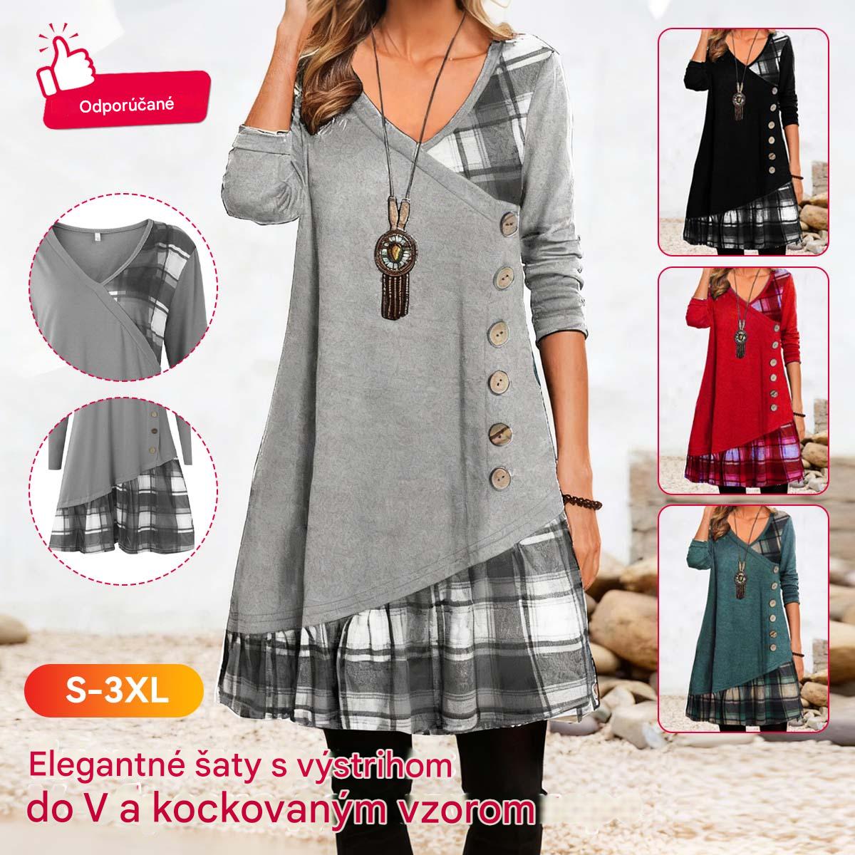 💟【Nový jesenný doplnok】👗Nové elegantné kockované šaty s výstrihom do V a dlhým rukávom 2025